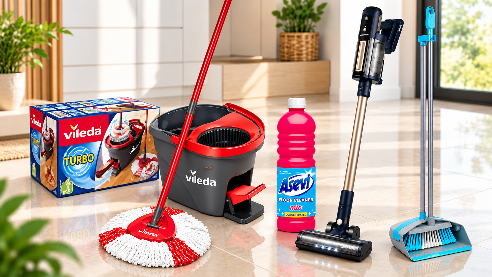 Floor cleaning essentials displayed in a bright, modern home, featuring a Vileda Turbo Spin Mop and Bucket, Asevi Mio Floor Cleaner, cordless vacuum cleaner, and broom and dustpan set on a tiled floor.