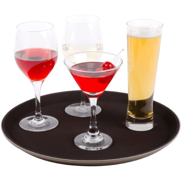 Grunwerg Tuffgrip Super round serving tray holding two glasses of wine, a cocktail and beer.