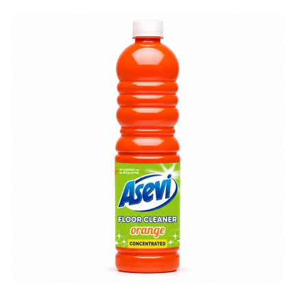 Asevi concentrated orange floor cleaner in an orange liquid bottle with a white cap and green front label.