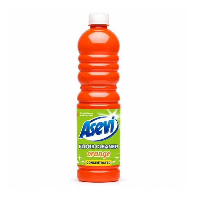 Asevi concentrated orange floor cleaner in an orange liquid bottle with a white cap and green front label.