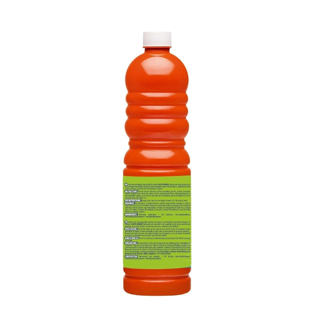 Rear view of the Asevi concentrated orange floor cleaner bottle showing the instructions and safety information label.
