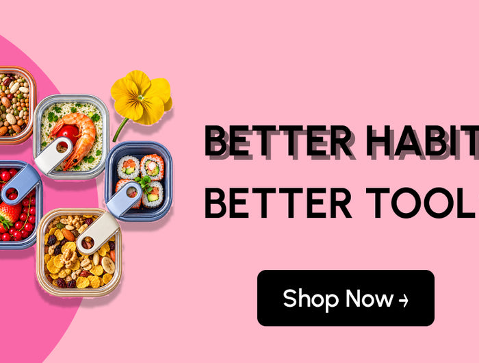 Napev “Better Habits, Better Tools” home organisation banner featuring colourful food storage containers filled with fresh fruit, rice, sushi, nuts and pantry foods, with a Shop Now call to action.