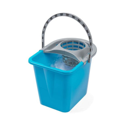 A bright blue plastic cleaning bucket with a gray wringer basket and handle, shown on a white background with water inside.