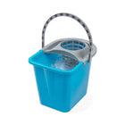 A bright blue plastic cleaning bucket with a gray wringer basket and handle, shown on a white background with water inside.