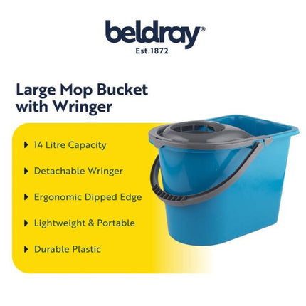 A blue Beldray mop bucket with a gray wringer lid and handle, shown on a white background with product text and a yellow feature callout.