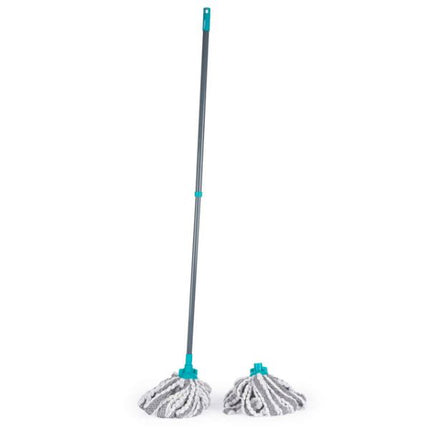 A long-handled twist mop with a gray handle, white and gray microfiber head, and turquoise plastic accents, shown on a plain white background.