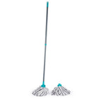 A long-handled twist mop with a gray handle, white and gray microfiber head, and turquoise plastic accents, shown on a plain white background.