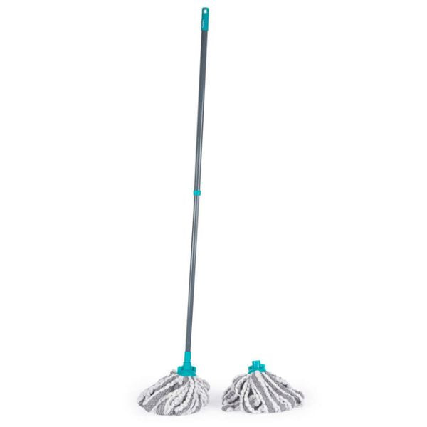 A long-handled twist mop with a gray handle, white and gray microfiber head, and turquoise plastic accents, shown on a plain white background.