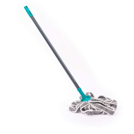 A floor mop with a long dark gray handle, turquoise plastic joints, and a gray-and-white cotton swab head, shown on a plain white background.