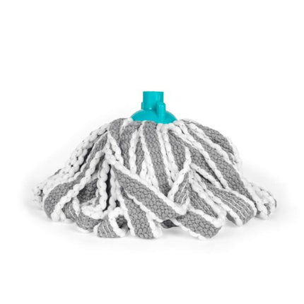A cotton floor mop head with gray and white twisted cotton strands and a bright turquoise plastic central hub, shown on a plain white background.
