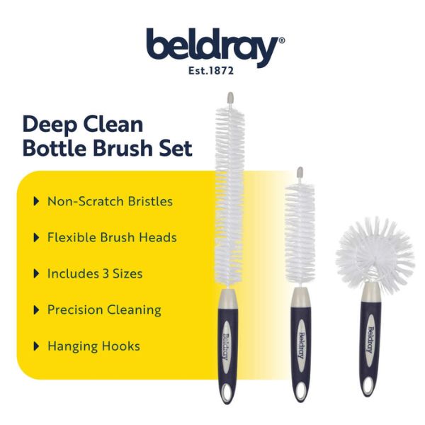 Beldray Deep Clean Bottle Brush Set featuring three different sizes of bottle cleaning brushes with dark blue and white handles, white bristles, and silver metal necks, shown alongside a yellow text box detailing product features.