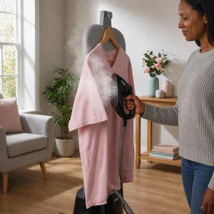 A woman steams a light pink t-shirt using a handheld iron on a hanger in a modern, sunlit living room.