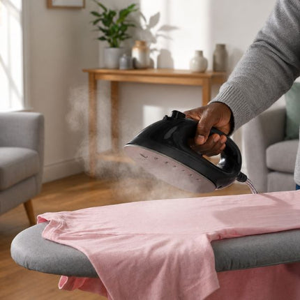 A person steaming a light pink shirt on a gray ironing board in a bright living room. The steamer is black and white, and steam is visible rising from the iron.
