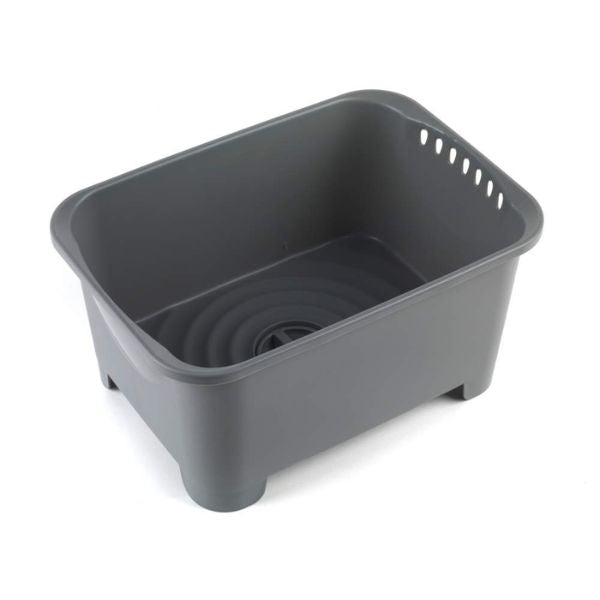 A dark gray plastic sink strainer basket with a slotted top and drainage holes, shown on a white background.