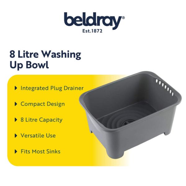A dark gray Beldray 8 litre washing up bowl with integrated plug drainer, shown on a white background with a yellow feature callout and Beldray branding.