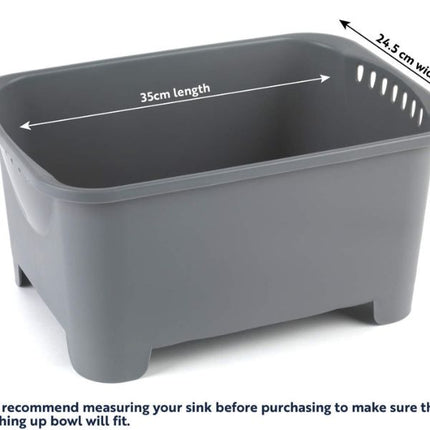 A gray plastic sink basket with dimension arrows and text indicating 35cm length and 24.5 cm width, on a white background with a small text recommendation at the bottom.