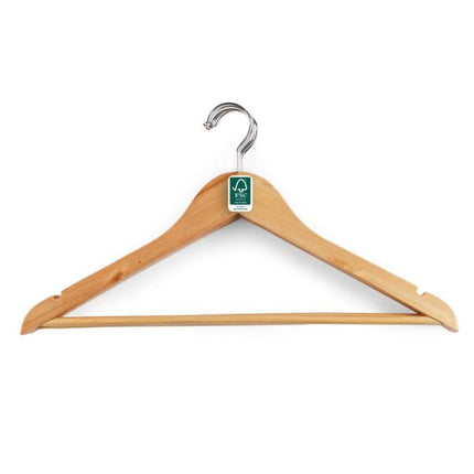 A light natural wood hanger with a silver metal hook and a small green recycling tag attached to the collar, shown against a plain white background.