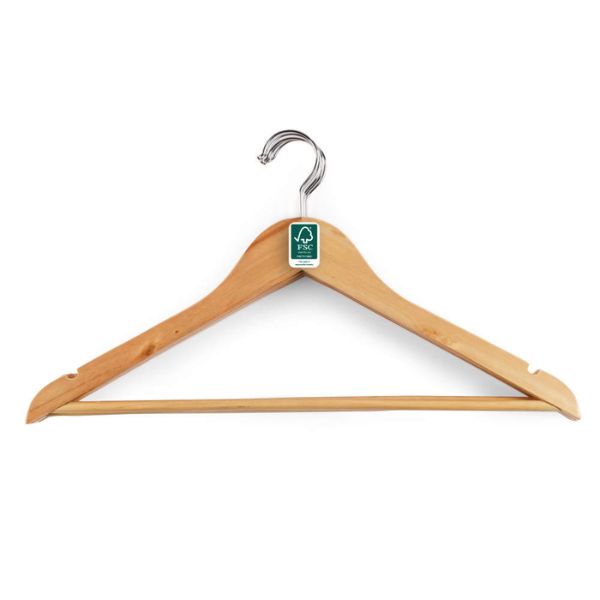 A light natural wood hanger with a silver metal hook and a small green recycling tag attached to the collar, shown against a plain white background.