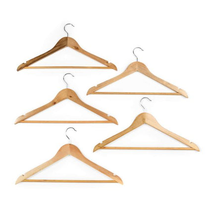 Set of five wooden hangers on a white background
