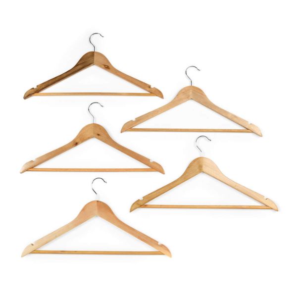 Set of five wooden hangers on a white background