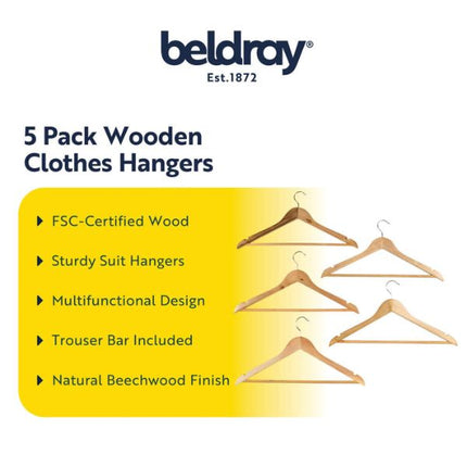 Beldray 5-pack of wooden clothes hangers on a white background with a yellow feature panel listing product benefits such as FSC-certified wood, sturdy suit hangers, multifunctional design, trouser bar included, and natural beechwood finish.