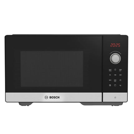 Bosch Series 2 freestanding microwave FEL053MS1M in black, featuring a silver lower trim, digital display and rotary control dial.