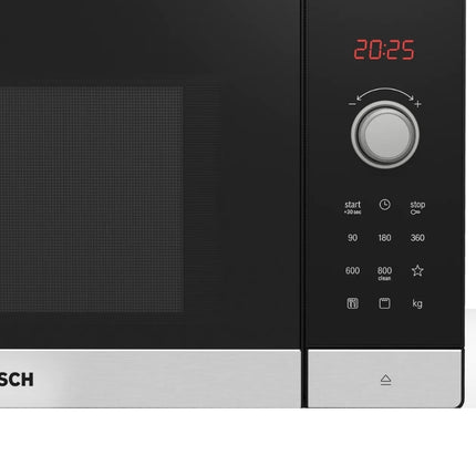 Close-up of the Bosch Series 2 microwave control panel showing a red digital display, silver rotary dial and labelled cooking settings.