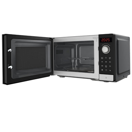 Bosch Series 2 freestanding microwave with its door fully open, revealing the interior cooking cavity, glass turntable and raised metal rack.