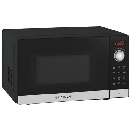 Angled front view of the Bosch Series 2 black freestanding microwave, showing its side ventilation slots, silver trim and digital control panel.