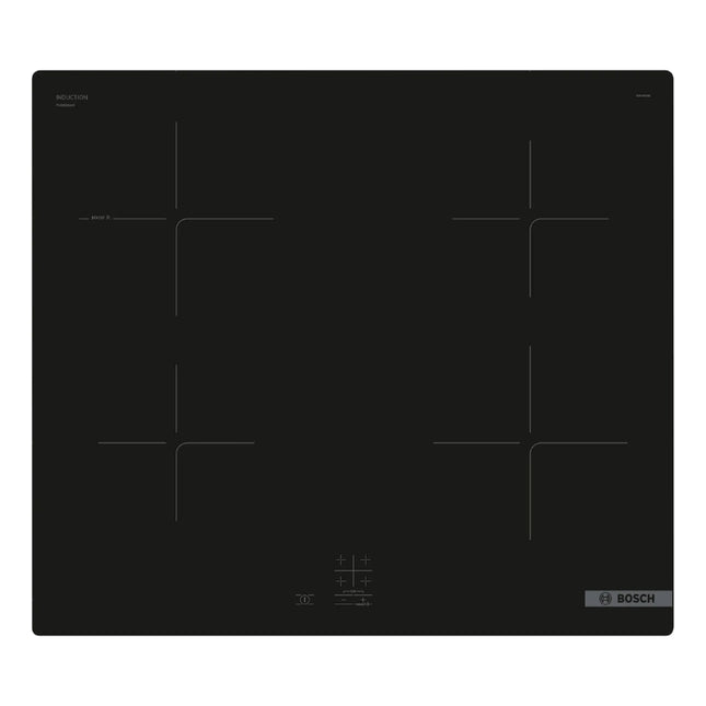 Bosch Series 2 PUG61KAA5E 60cm black induction cooktop with four cooking zones, touch controls and a slim frame.