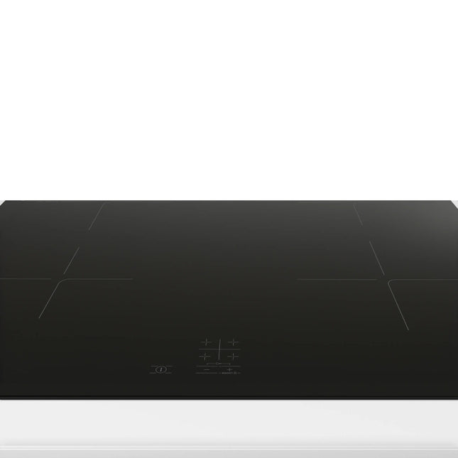 Low-angle front view of the Bosch 60cm induction cooktop, showing its four cooking zones and central touch-control panel.