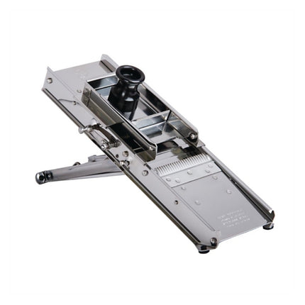 Bron stainless-steel mandoline slicer fitted with its black-handled safety guard and raised support stand.