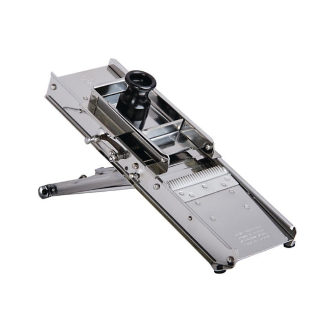 Bron stainless-steel mandoline slicer fitted with its black-handled safety guard and raised support stand.