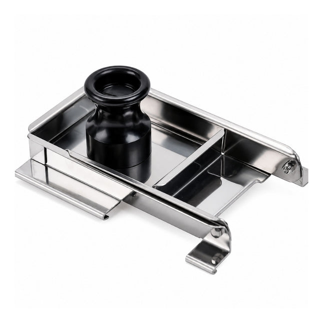 Bron stainless-steel mandoline safety guard with raised sides, guide rails and a large black hand grip.