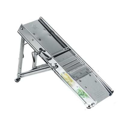 Bron professional stainless-steel mandoline slicer with adjustable blades, julienne cutters and a raised folding stand.