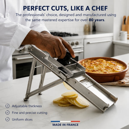 Chef slicing potatoes with a Bron stainless-steel mandoline and safety guard, highlighting adjustable thickness, precise uniform cuts and French manufacture.