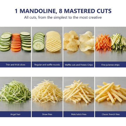 Bron mandoline cutting guide showing thin and thick slices, waffle cuts, chips, julienne strips, angel hair and three sizes of fries.