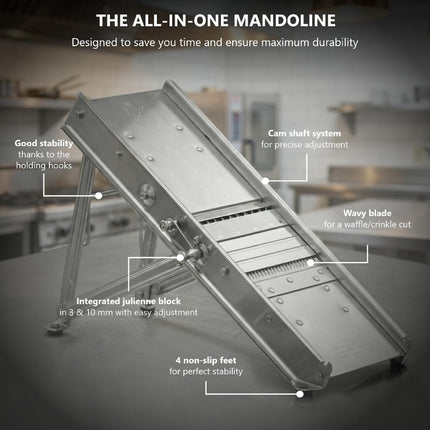 Bron all-in-one mandoline feature diagram showing stability hooks, cam-shaft adjustment, 3mm and 10mm julienne cutters, wavy blade and non-slip feet.
