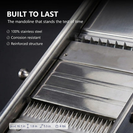 Close-up of the Bron mandoline blades, highlighting its corrosion-resistant stainless-steel construction and reinforced design.