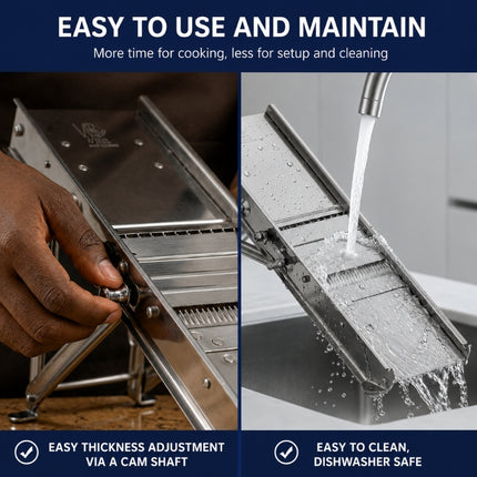 Split-screen demonstration of the Bron mandoline’s cam-shaft thickness adjustment and rinsing under running water for easy cleaning.
