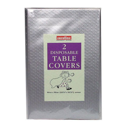 Caroline 90cm silver square disposable paper table covers, pack of 2, in retail packaging.