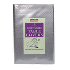 Caroline 90cm silver square disposable paper table covers, pack of 2, in retail packaging.