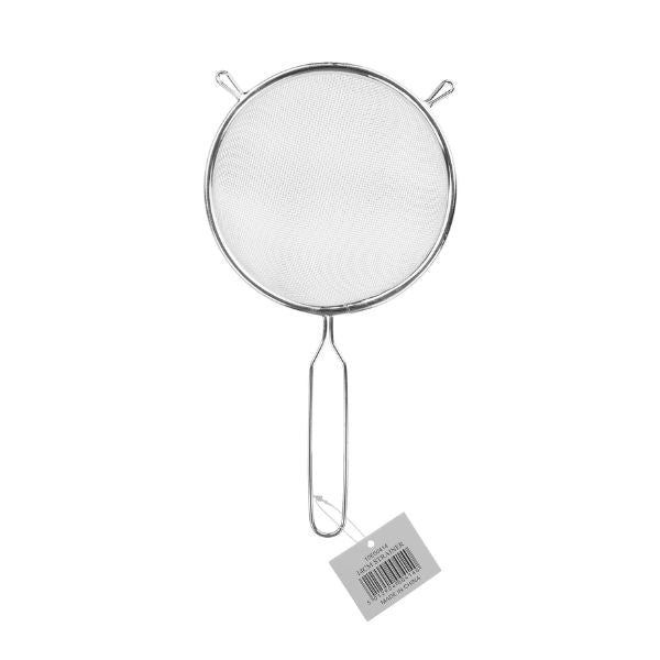Chef Aid 14cm metal kitchen strainer with fine mesh, round frame, long handle and hanging product tag.
