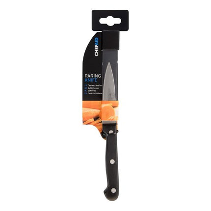 Packaged Chef Aid paring knife with a short pointed stainless steel blade and black riveted handle