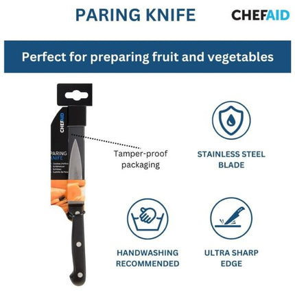 Chef Aid paring knife infographic showing tamper-proof packaging, stainless steel blade, ultra-sharp edge and handwashing recommendation