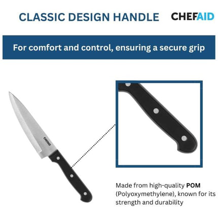 Chef Aid paring knife infographic highlighting its black three-rivet POM (Polyoxymethylene) handle for comfortable control and a secure grip