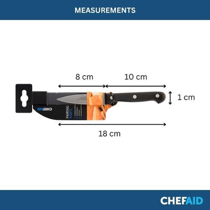 Chef Aid paring knife measurement diagram showing an 8 cm blade, 10 cm handle, 18 cm overall length and 1 cm width.