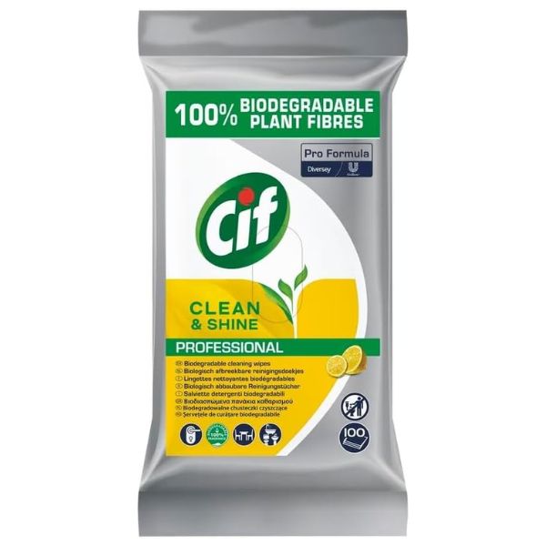 Cif Professional Clean & Shine biodegradable multi-purpose cleaning wipes made from 100% plant fibres, pack of 100.