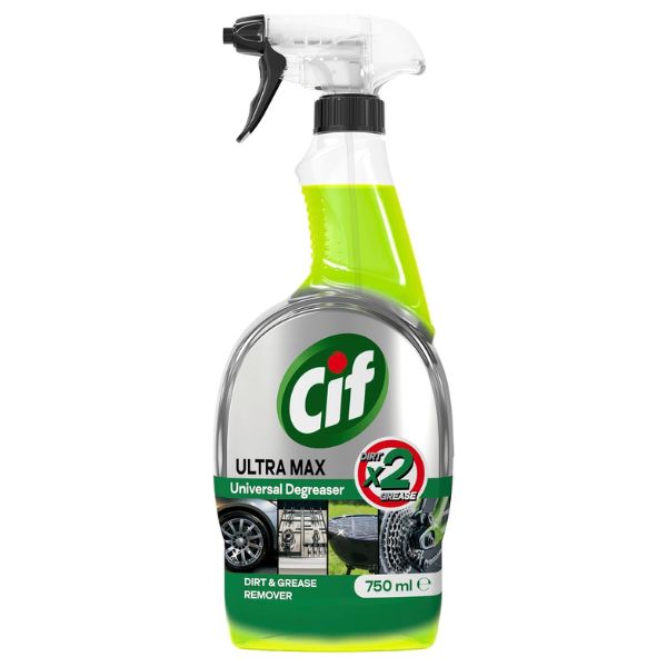 Cif Ultra Max Universal Degreaser Green 750ml trigger spray for removing dirt and grease from kitchen, automotive and other washable surfaces.