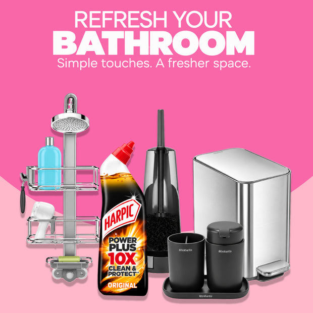 Refresh Your Bathroom collection featuring Harpic Power Plus 10X toilet cleaner, a chrome shower caddy, Brabantia toilet brush, black Brabantia bathroom accessory set and stainless steel pedal bin, arranged as practical bathroom cleaning, storage and organisation essentials from Napev Ghana.